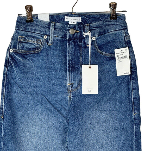 Good American Classic Raw Hem High Rise Jeans Skinnyish Fit Blue940 0/25 NWT - Picture 2 of 13